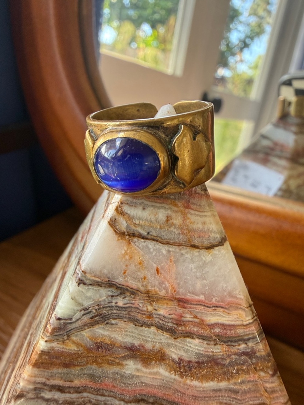 Gold-Plated Cambodian Ring with Lapis Lazuli Stone size 8 unisex and adjustable